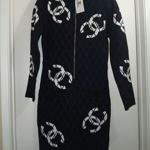 CHANEL Black and White Patterned Long Sleeve Dress